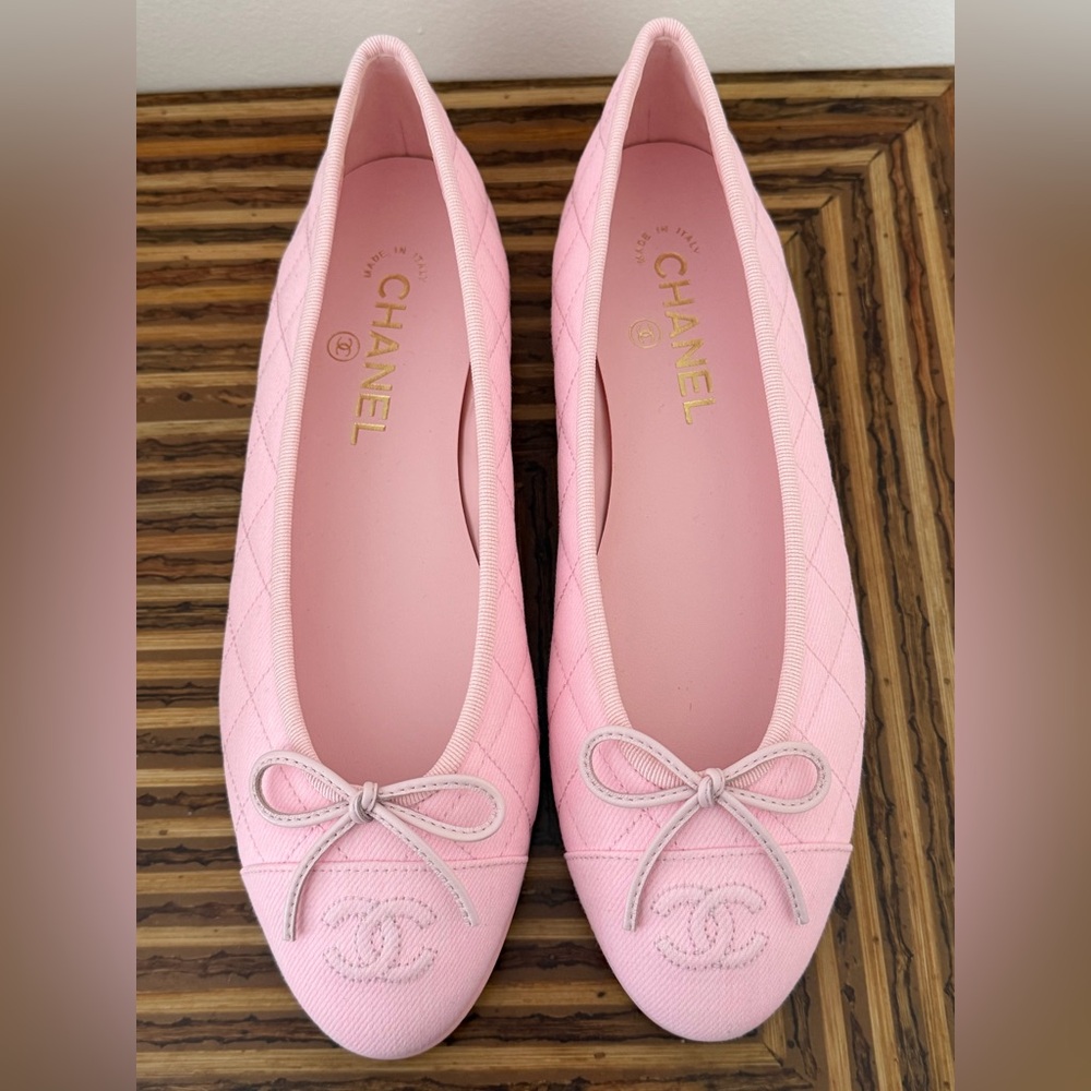 Chanel 26P Light Pink Denim Quilted CC Logo Bow Tie Ballet Ballerina Flat 39 - Picture 3 of 16